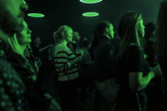 Zielona poświata. Publiczność w trakcie koncertu. Trzy rzędy stojących osób sfotografowanych z lewych profili.