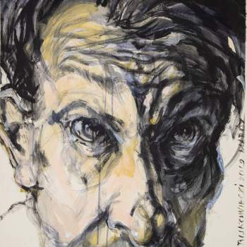 Autoportret Wojciecha Bukowieckiego. Wykonany czarną i żółtą farbą. Mężczyzna spogląda przed siebie spode łba. Widać jego prawe ucho. Tło jest kremowe.