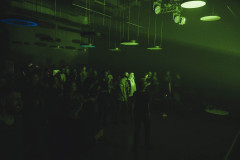 Publiczność bawiąca się w sali kubowej. Zdjęcie utrzymane w zielonej tonacji.