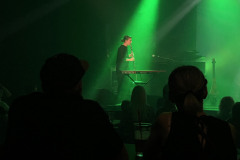 Publiczność zwrócona plecami do obiektywu. Artystka na scenie. Zielone światła reflektorów.