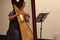 Kobieta gra na harfie.