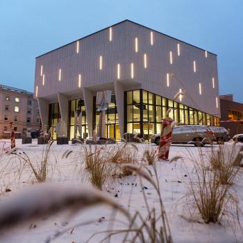 Oświetlony budynek CKiS-DK Oskard, a przed nim Park Rzeźb. Na pierwszym planie pokryte śniegiem rośliny.