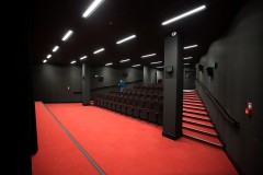 Mała sala kinowa. Widok z rogu sceny. Czerwona wykładzina. Czarne ściany. Brązowe rzędy foteli ułożone rosnąco ku górze.