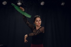 Kobieta tańcząca flamenco unosi prawą rękę ponad głowę. W dłoni trzyma zielony wachlarz. Lewą ręką otacza przestrzeń wokół klatki. Napiętą dłoń kieruje w dół.