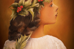 Zdjęcie jednej z prac. Portret dziewczynki widzianej z prawego profilu, w białej bluzce. Włosy ozdobione gałązkami ostrokrzewu.