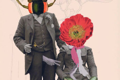 Plakat grafika. Fotografia w stylu retro. Postać stojącego mężczyzny z głową chrabąszcza i siedząca kobieta z kwiatem zamiast głowy. Napis: zgoda to aktualność. 