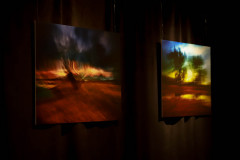Dwie prace przedstawiające przefiltrowane zdjęcia krajobrazu wyeksponowane na ciemnej kotarze.