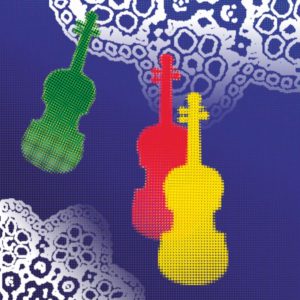 Grafika - na granatowym tle przedstawiony 3 pary skrzypiec w różnych kolorach i fragmenty biały serwetek